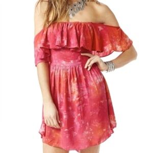 Pink-Red Tie-Dye Off Shoulder Mini Dress